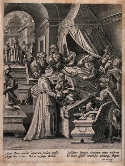 A dying man in bed is surrounded by onlookers and demons