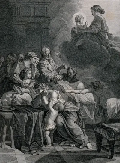 A dying man receiving extreme unction from a priest while surrounded by his grieving family