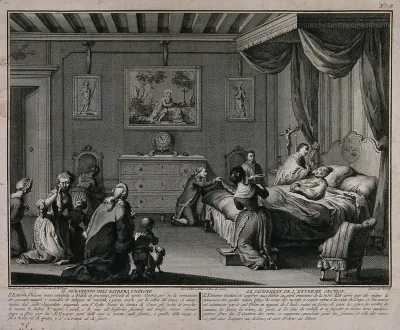 A dying man receiving extreme unction from a priest while surrounded by servants and his grieving family