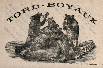 A dying rat, mourned by three other rats; advertising Tord-Boyaux rat poison
