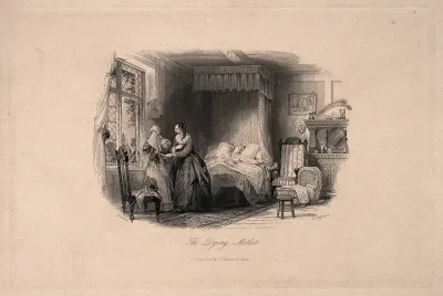 A dying woman lies in bed: a woman at the bedside is consoled by another