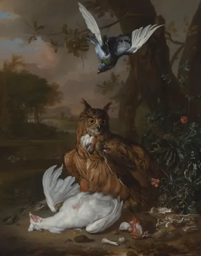 A Eurasian Eagle-Owl with Other Birds in a Landscape