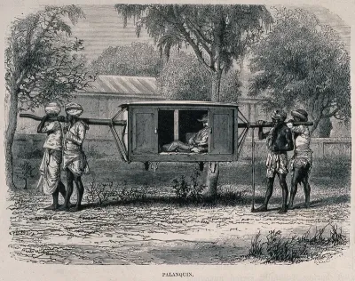 A European man in India (?) being carried in a litter on the shoulders of four men