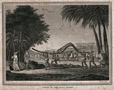 A European man in the East Indies is lying in a litter with a roof as he is being carried by four men