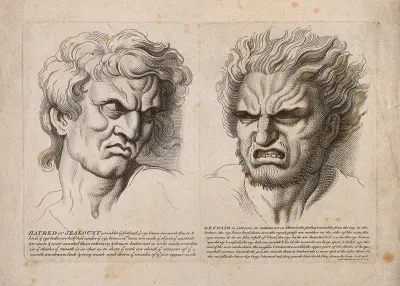A face expressing hatred and jealousy (left) and a face expressing despair (right)