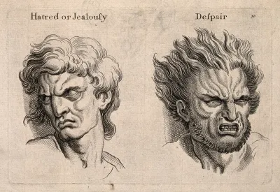 A face expressing hatred or jealousy (left); a face with hair on end expressing despair