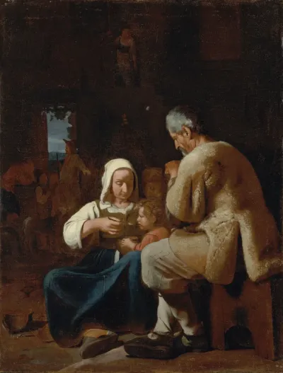 A family and other figures before a humble structure, a landscape beyond