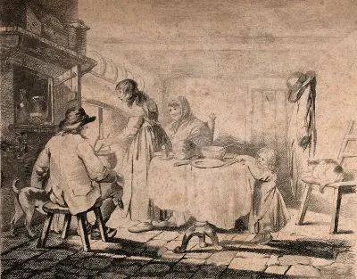 A family at home, with a man sitting on a stool in front of the fire and a woman stirring the pot