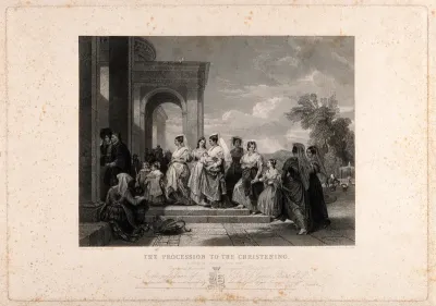 A family enters a church at Ariccia for the christening of a child