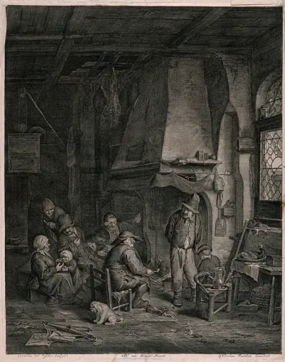 A family gather indoors round a large open fireplace talking and smoking