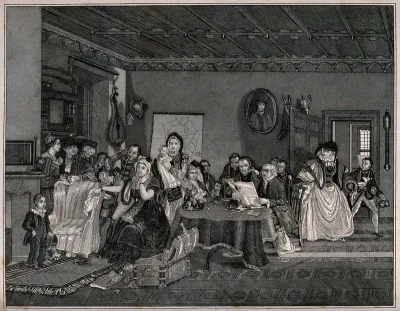 A family gathers to hear the last will and testament of a deceased member with the old lady by the door looking startled