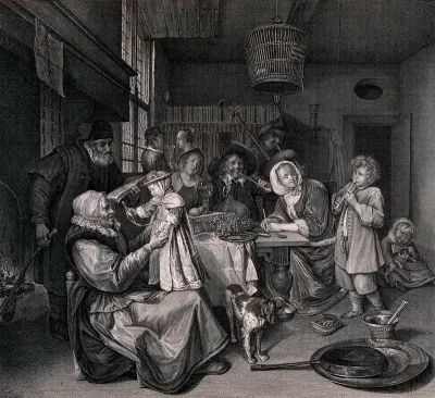 A family group gathered around a fireside table singing and playing musical instruments