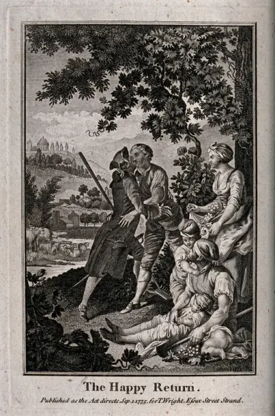 A family group gathered under a tree welcome back a member who has perhaps been away at battle