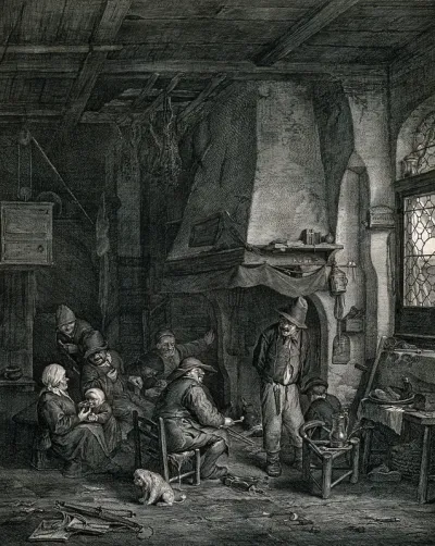 A family group in a hovel sitting around a fire with bread and meat on the table