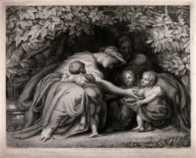 A family group in a leafy bower: the mother leaning forward to tend to two children, another child against her knees