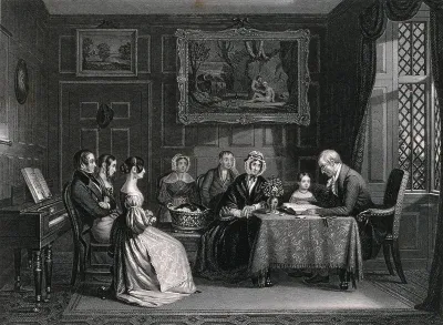 A family group in their drawing room at evening prayer with the father reading from a large volume
