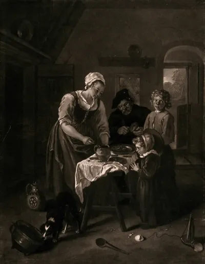 A family group inside their cottage with a meal being served by the mother and a dog upsetting a cooking pot