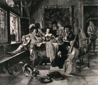 A family group of musicians with three members playing instruments and others listening and looking on