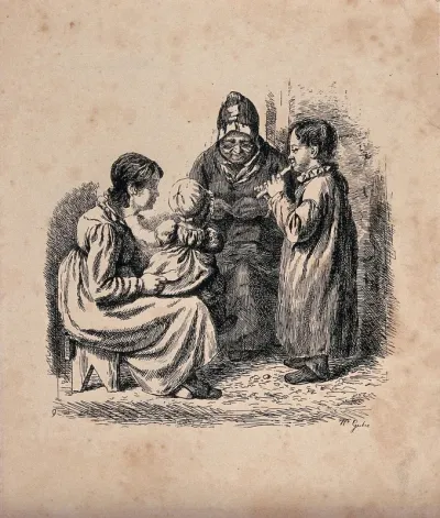 A family group with an old lady, a young woman with a child on her lap and a small boy playing a whistle