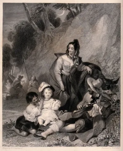 A family of gypsies sit in their camp with a child they have stolen