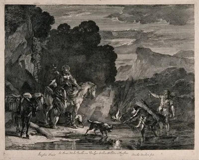 A family on horseback with a donkey for travelling have stopped by the water, one boy is gathering crabs