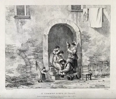 A family picking fleas from each other's heads; to the left a small child is harnessed by a rope to the wall
