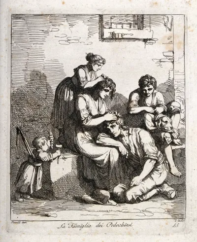 A family picking fleas off each other's heads; to the left a baby is harnessed by a rope to the wall, to the right a boy picks fleas off a dog