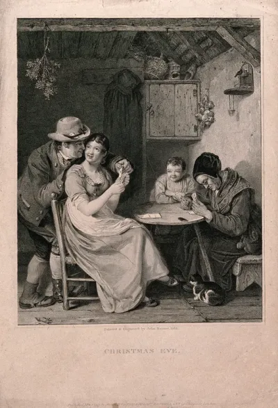 A family playing cards: the husband is looking over his wife's shoulder at her cards, the child is smiling but the old lady seems to have fallen asleep