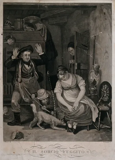 A family scene where a mouse seems to have escaped from a type of trap and is being pursued by a child with a broom and a dog