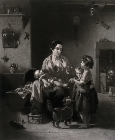 A family scene with a mother holding a sleeping baby and being shown a dead robin by one of her other children