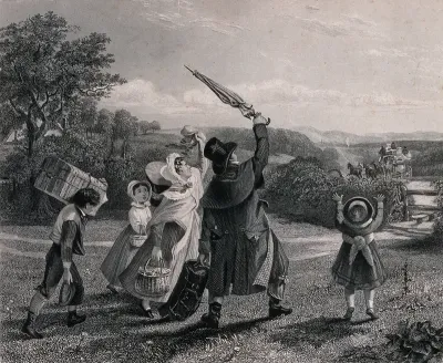 A family setting off on a journey have missed the coach which is disappearing into the distance