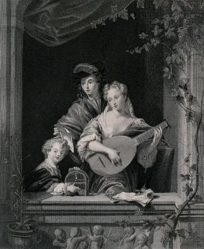 A family with a young child by an open window singing together with the woman playing an instrument