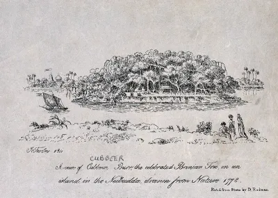 A famous banyan tree (Ficus benghalensis L.), named Cubbeer Burr, on a river island in India