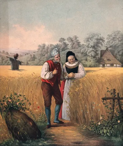 A farmer and his wife contemplating their full-grown crop in a field ready for harvest