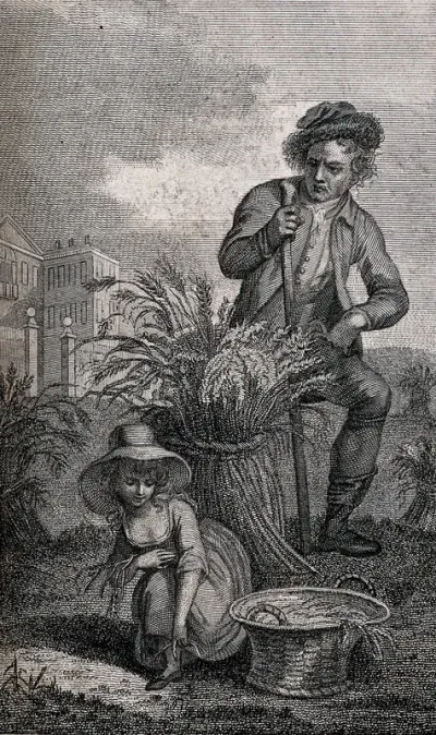 A farmer is watching a poor girl who is picking up small ears of corn; in the background is an expensive country house
