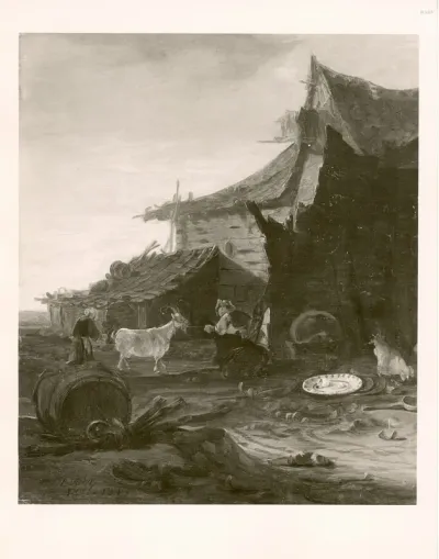 a farmer- pair in front of a cottage