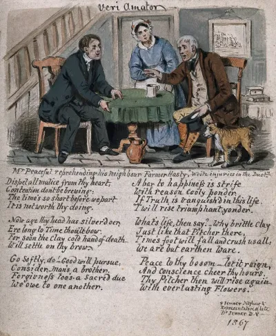 A farmer, quick to take offense, and his neighbour trying to pacify him; a woman and a dog next to them