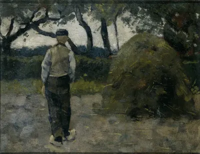 A Farmer standing near a Hay-Stack