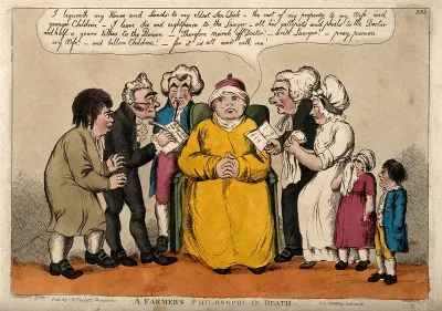 A farmer telling his family, a doctor, a vicar and a lawyer his last will and testament