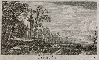 A farmer with some sheep; representing November