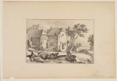 A Farmyard, Resting Shepherd in Centre Foreground, from Landscapes (Verscheyden aerdige Lanthuysen...)
