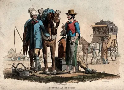 A farrier at Saint-Denis is talking to a countryman as he shoes his horse; people are about to set off for Paris in a horse-drawn carriage