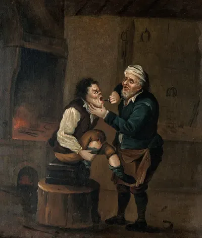A farrier extracting a tooth from a man's mouth