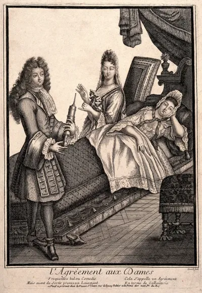 A fashionable lady being given an enema by a charming young man