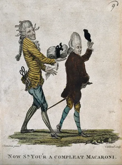 A fashionable man takes his hat off while strolling; his hairdresser assists him by supporting the weight of his large wig