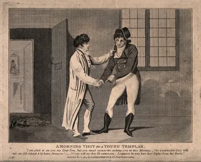 A fashionably dressed young man pays a visit to his friend in the Temple, but the friend claims he cannot receive him as has a male visitor, concealing the fact that has a woman in his chambers