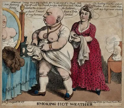 A fat, bald and half-dressed woman fans herself with her smock in hot weather while her maid comes to attend her