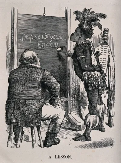 A fat complacent Briton sits on a stool while a Zulu man writes "Despise not your enemy" on a blackboard