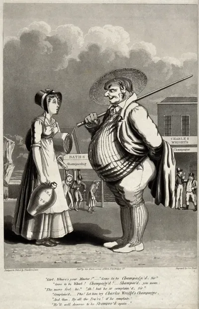 A fat farmer and a young woman at a sea-side resort; behind them are two establishments, "Baths Shampooing" and "Charles Wright's Champagne"