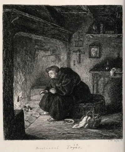 A fat friar sitting on an open fireplace and frying a drumstick